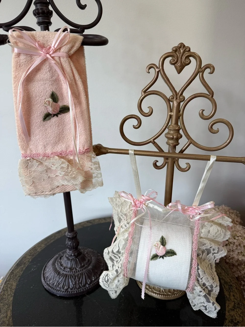 🩷 Hand Crafted Pink and Cream Floral Lace Hand Towel and Sachet Set 🩷